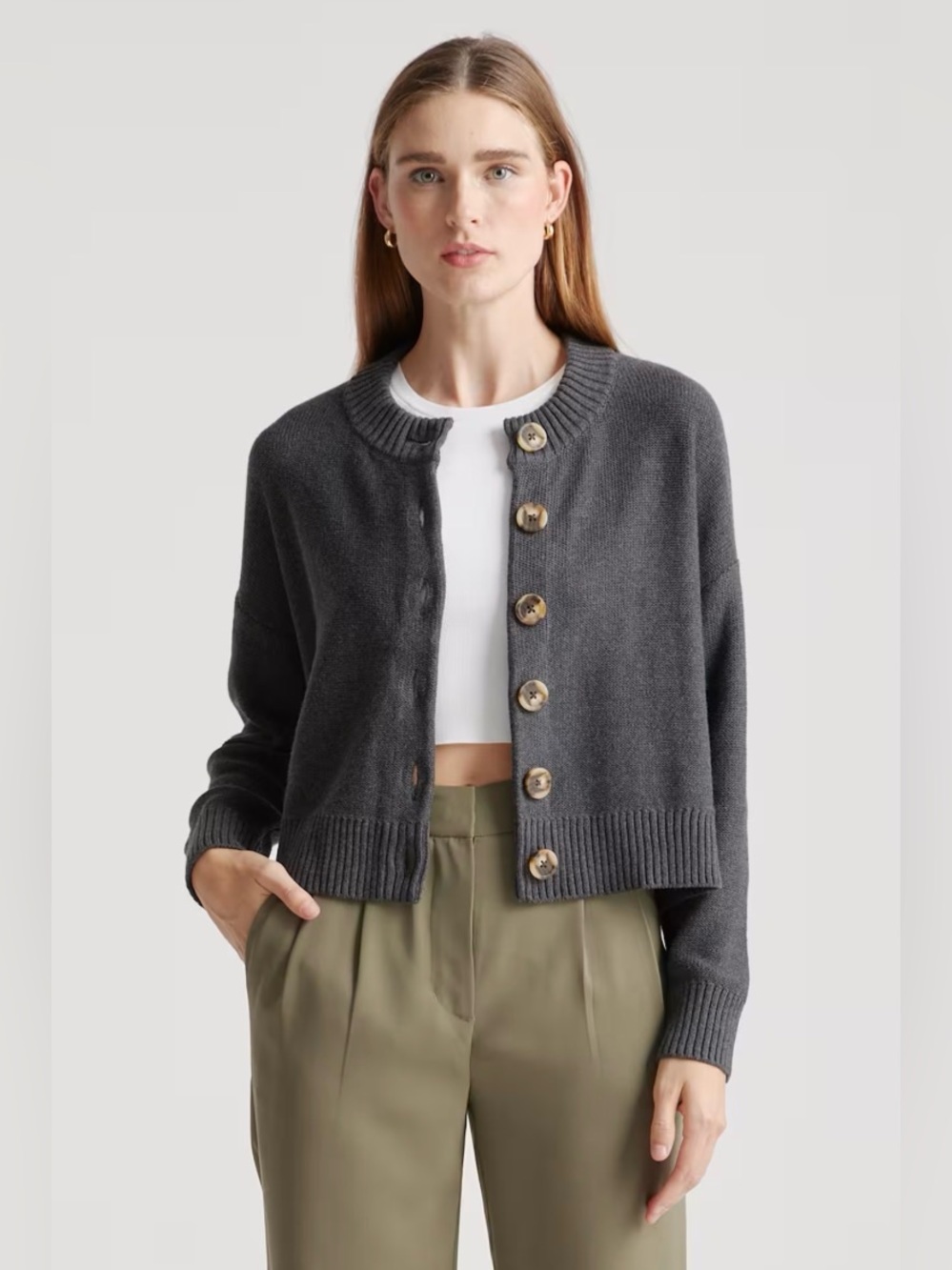 Quince 100% Organic Cotton Cropped Cardigan in Charcoal Size M